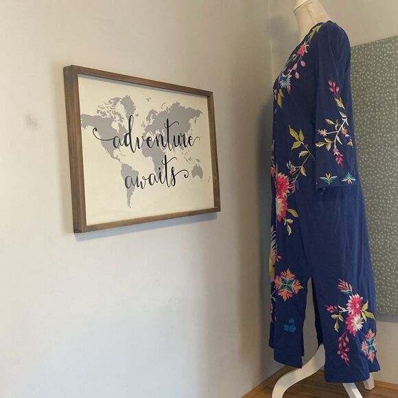 Johnny Was Blue Embroidered Julie Kimono Sleeve Tee Dress Size Small - Picture 4 of 7